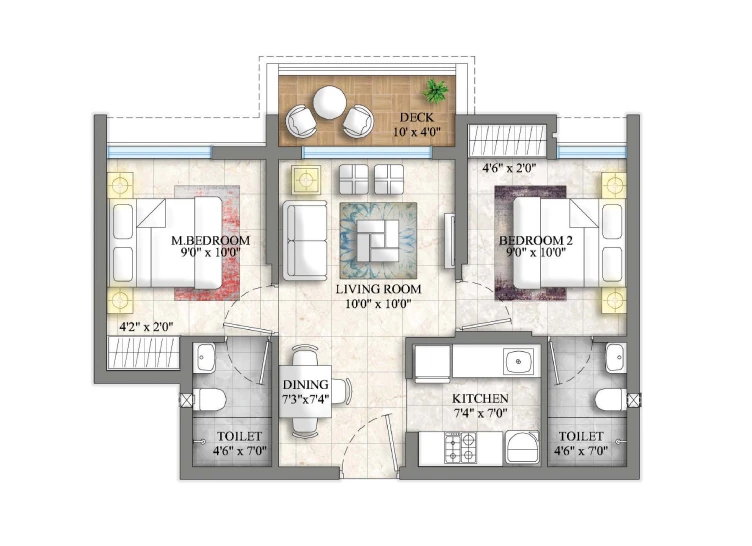 Unit Plan - 2 BHK with Deck | Tower 1