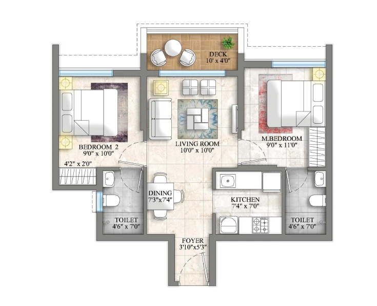 Unit Plan - 2 BHK with Deck Type B | Tower 3